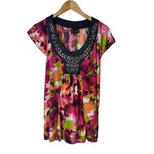 New Directions Women's Black Pink Floral Flutter Sleeve Tunic Size Large Petite